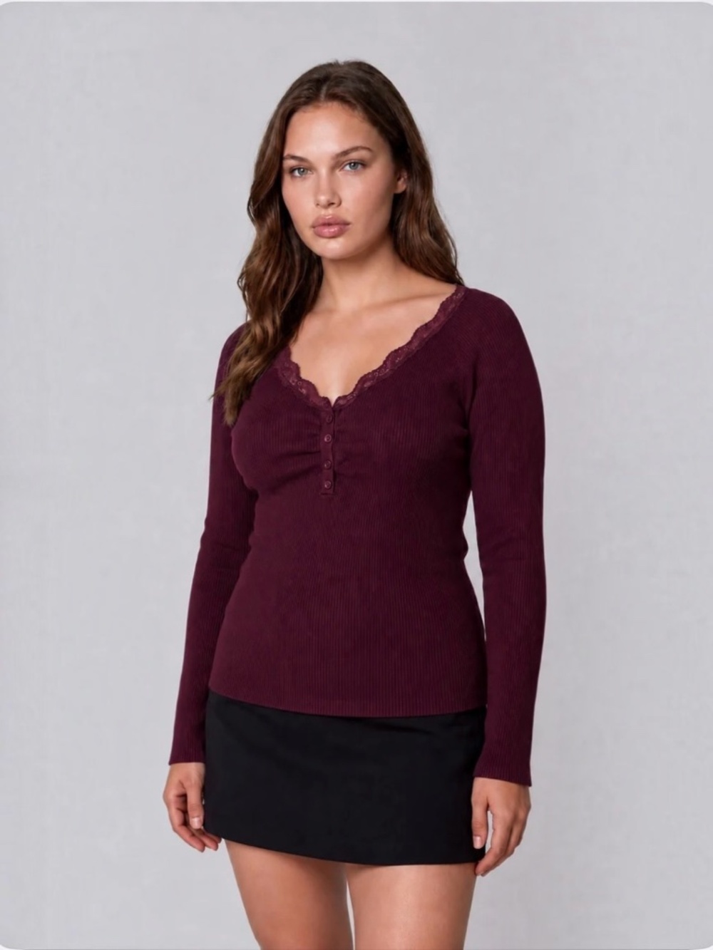 Studio Long Sleeve Lace Trim Henley Top in Burgundy Size XL, XXL, XXXL